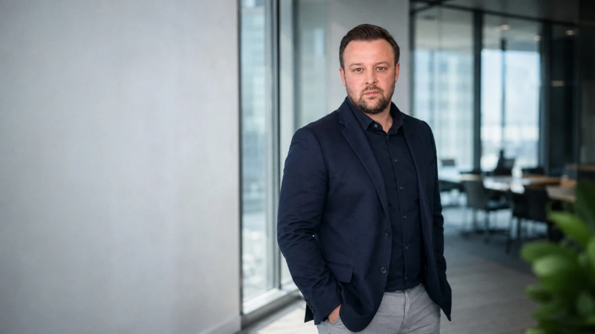 David Keiser steht im dunkelblauen Sakko am Fenster eines Büroflurs