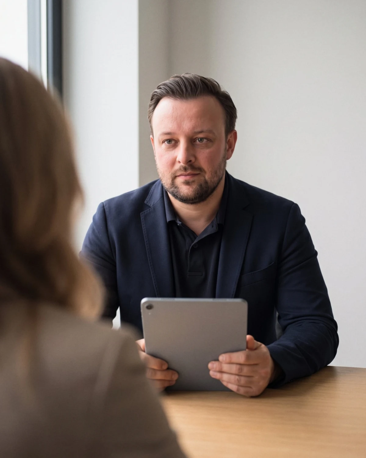 David Keiser zeigt einer Kundin den Entwurf einer Website auf dem Tablet