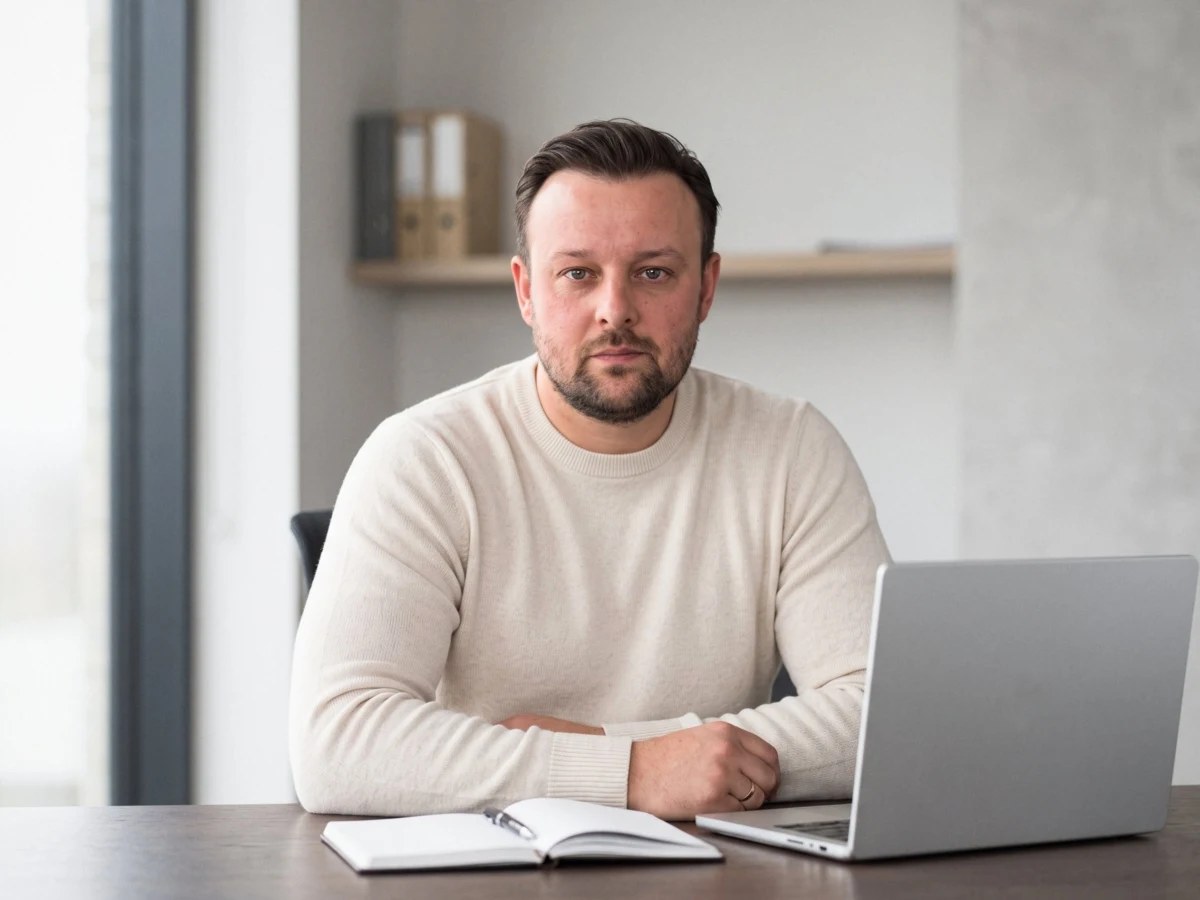 David Keiser sitzt im cremefarbenen Pullover ruhig am Schreibtisch in einem hellen Büro