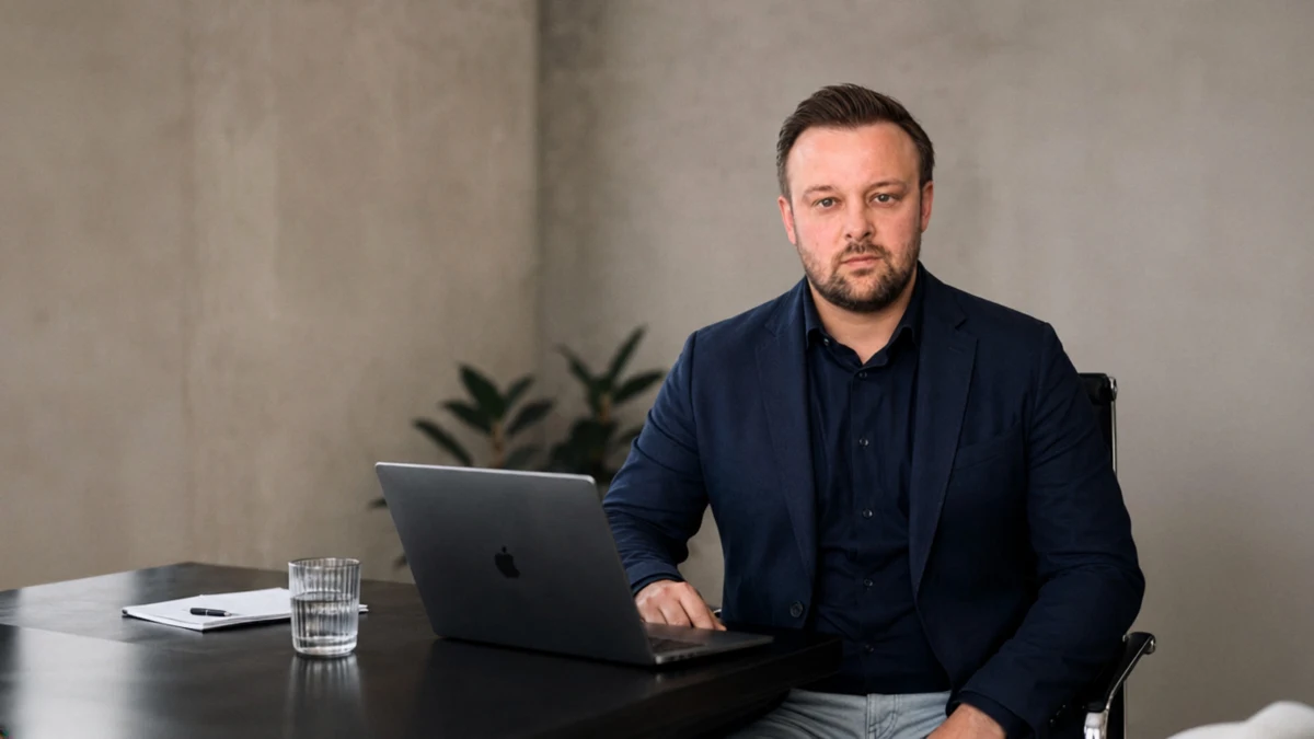 David Keiser sitzt im Sakko am Schreibtisch mit Laptop vor einer Betonwand