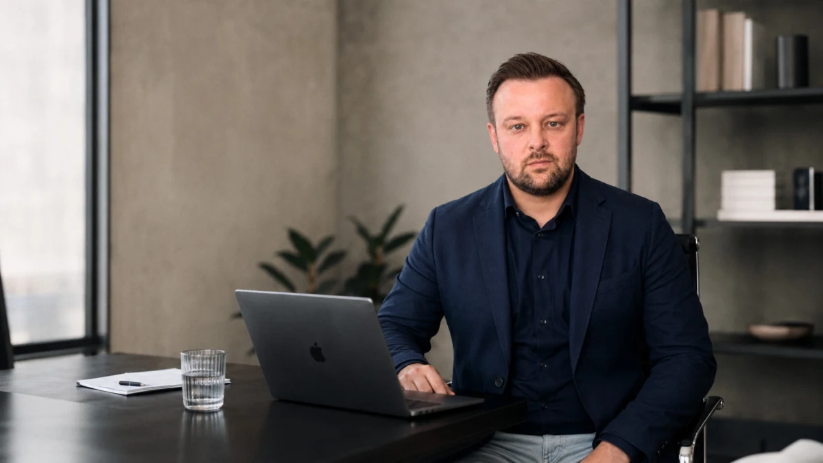 David Keiser sitzt im Sakko am Schreibtisch mit Laptop und schaut in die Kamera