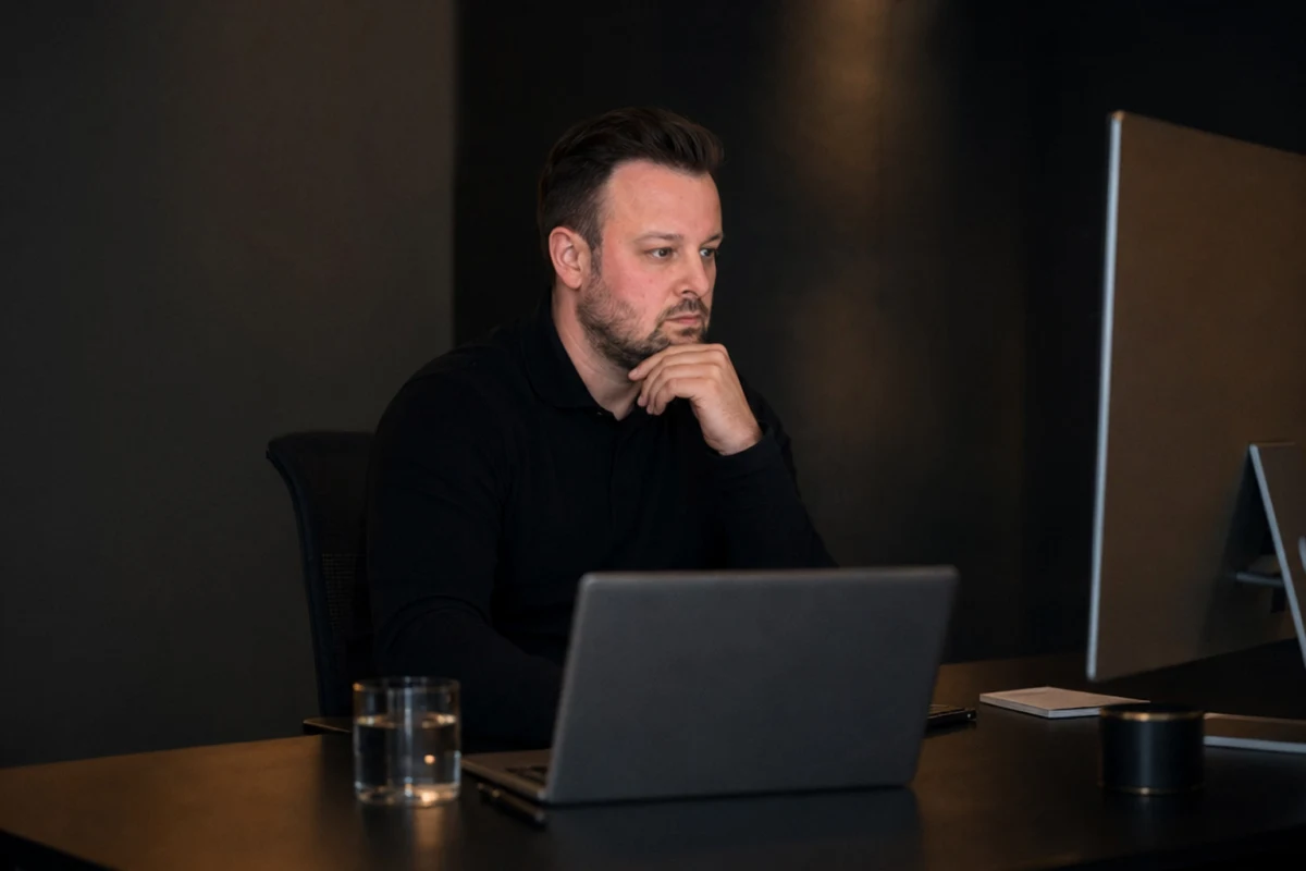 David Keiser sitzt nachdenklich vor Monitor und Laptop in einem dunklen Büro
