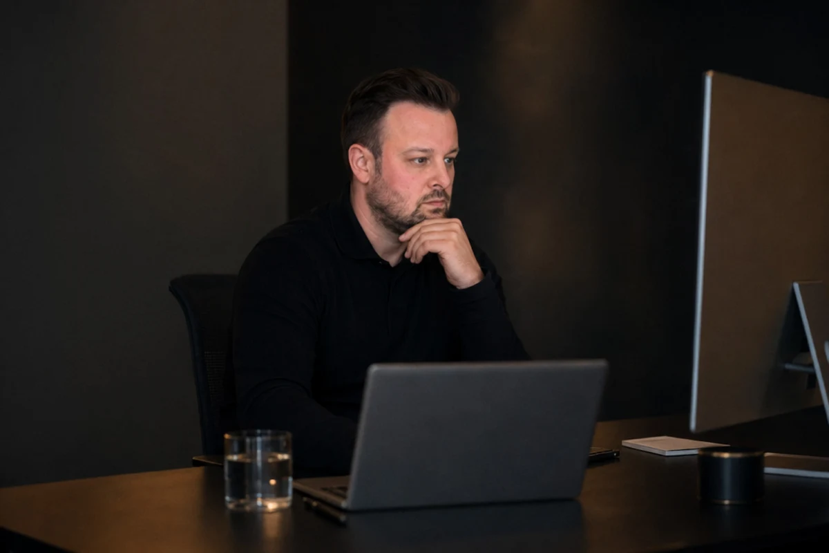 David Keiser sitzt nachdenklich vor Monitor und Laptop in einem dunklen Büro