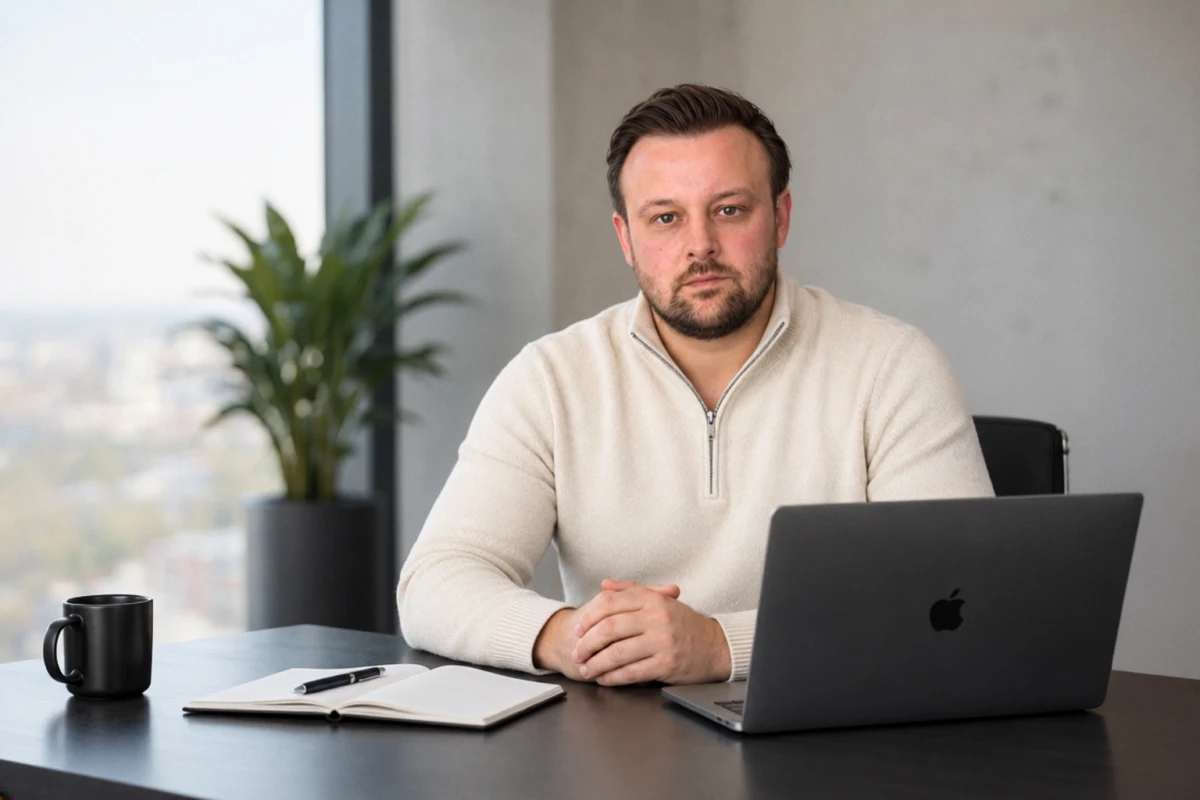 David Keiser sitzt im cremefarbenen Pullover am Schreibtisch mit Blick über die Stadt
