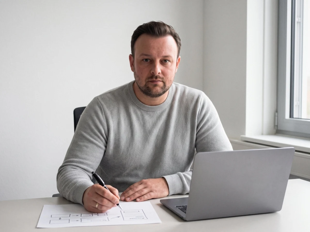 David Keiser skizziert am Schreibtisch neben dem Laptop eine Struktur auf Papier