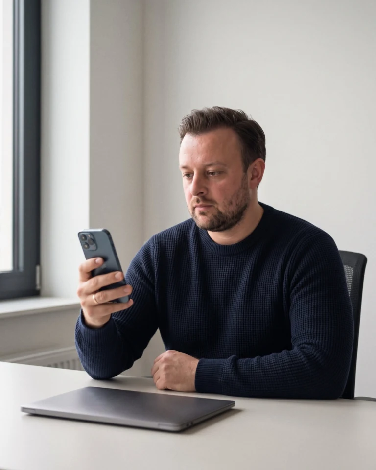 David Keiser prüft am Schreibtisch eine Website auf dem Smartphone