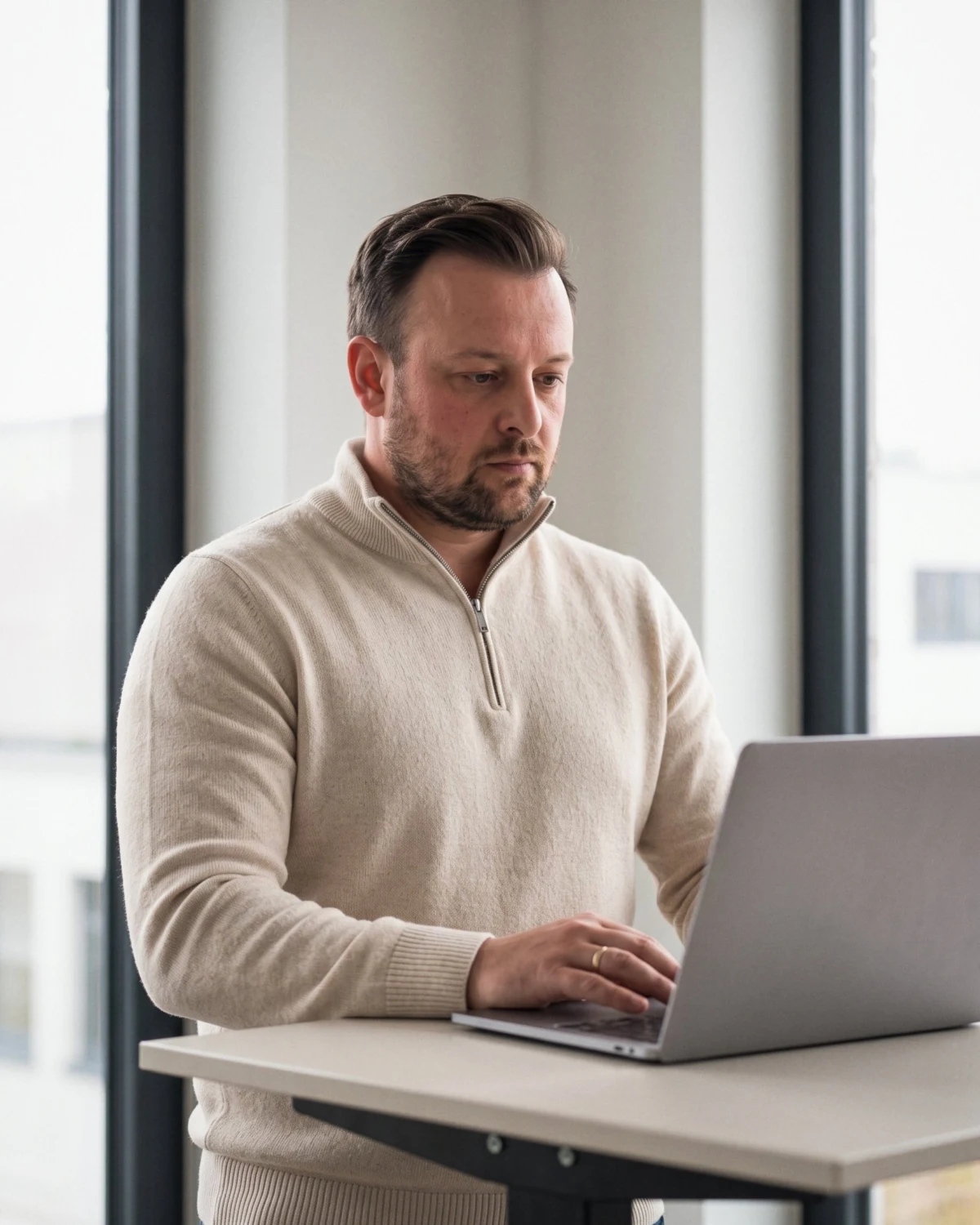 David Keiser arbeitet im cremefarbenen Pullover am Stehtisch mit Laptop
