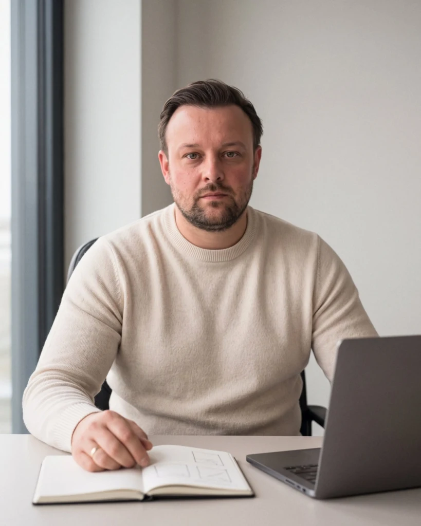 David Keiser sitzt mit offenem Notizbuch und Laptop am Schreibtisch