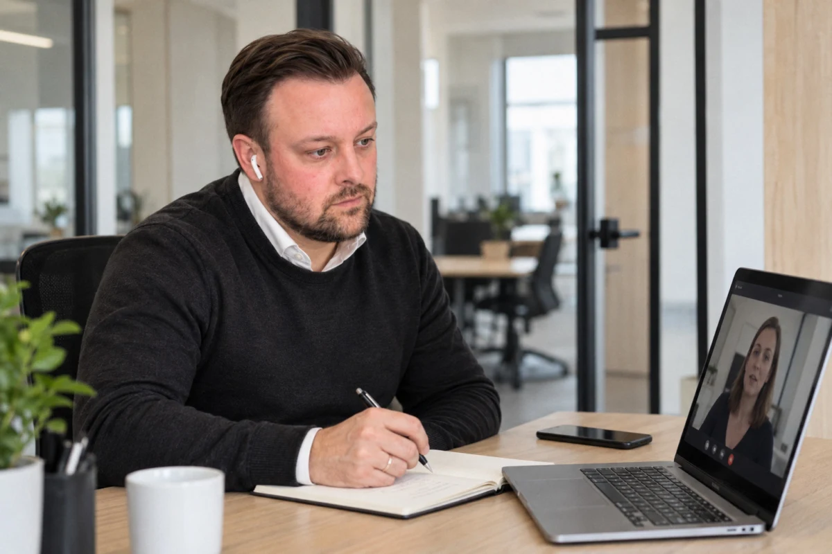 David Keiser macht sich im Videotermin mit einer Kundin Notizen am Schreibtisch