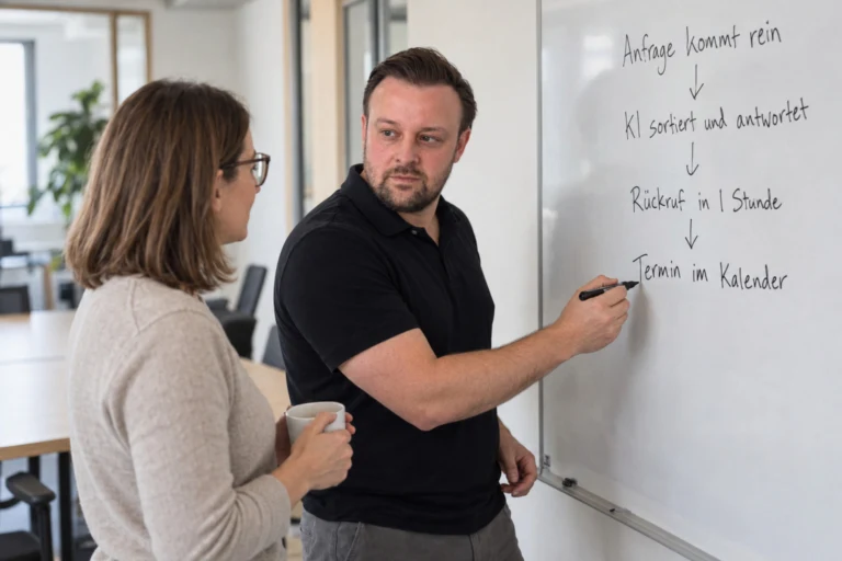 David Keiser erklärt am Whiteboard, wie eine Anfrage automatisch bis zum Termin im Kalender kommt
