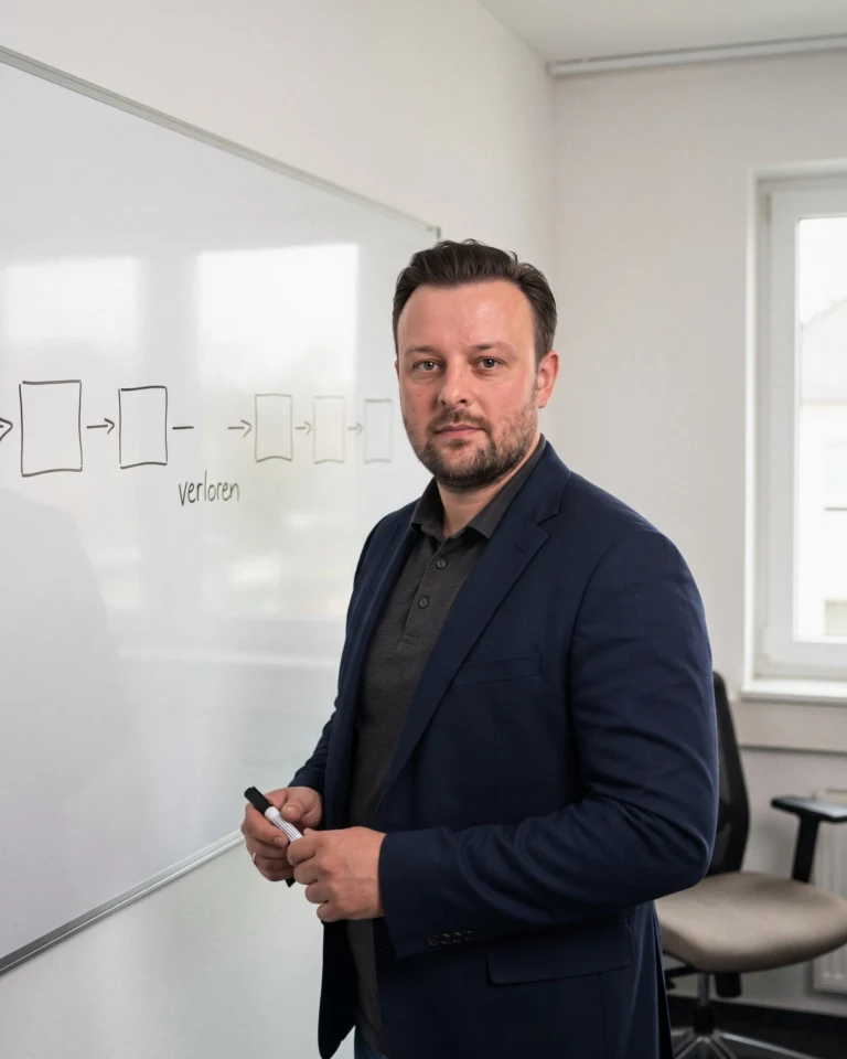 David Keiser steht am Whiteboard mit einem skizzierten Kundenweg und der Stelle „verloren“