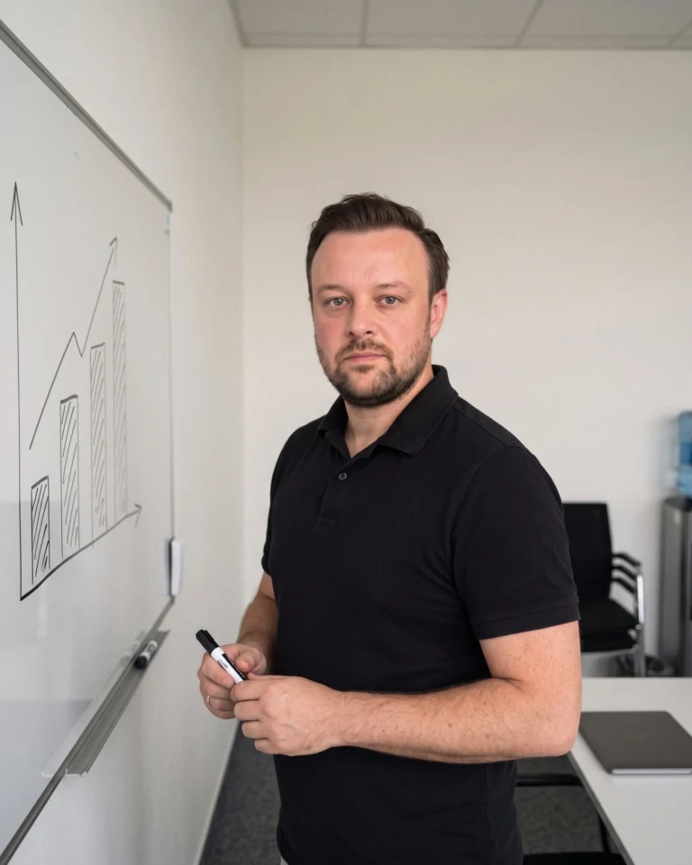 David Keiser steht am Whiteboard mit einem Balkendiagramm, das Monat für Monat steigt