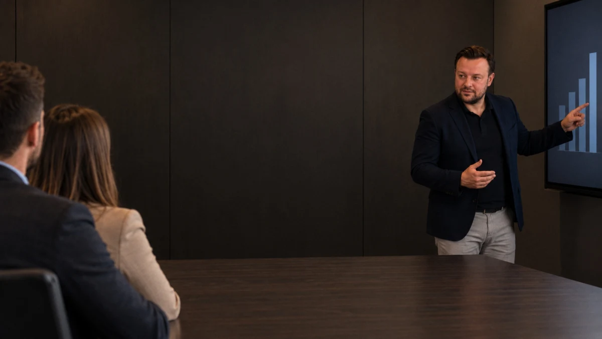 David Keiser zeigt zwei Gästen am Besprechungstisch eine Grafik auf dem Wandbildschirm, Abendlicht