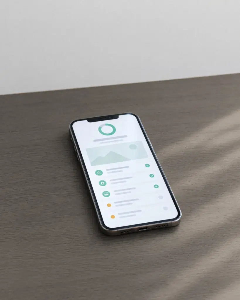 Smartphone zeigt ein Google-Unternehmensprofil, bei dem fast alle Angaben abgehakt sind.