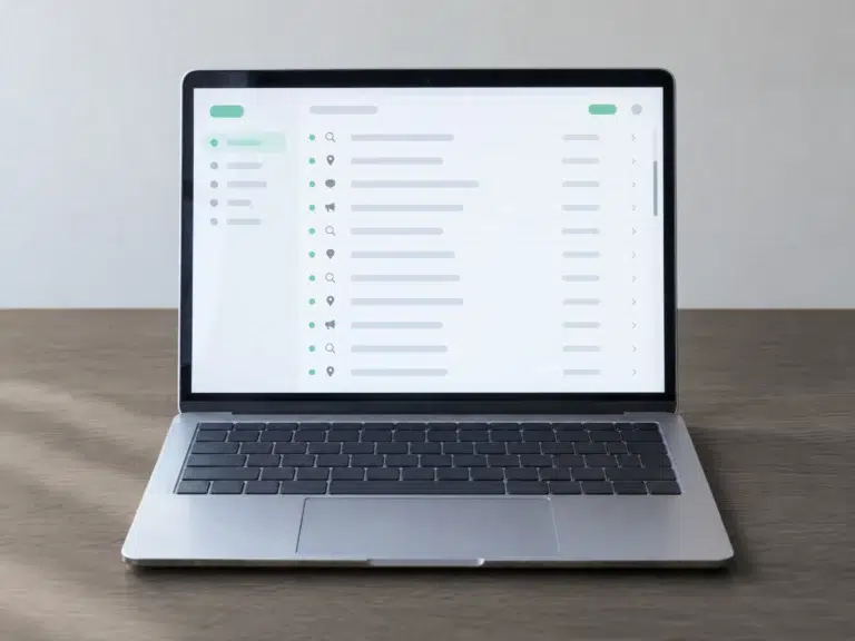 Aufgeklappter Laptop auf hellem Eichentisch zeigt ein volles Anfragen-Postfach mit vielen neuen Einträgen.