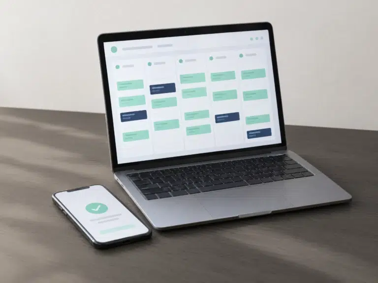 Laptop mit gut gefülltem Wochenkalender auf Eichentisch, daneben ein Smartphone mit Bestätigung.