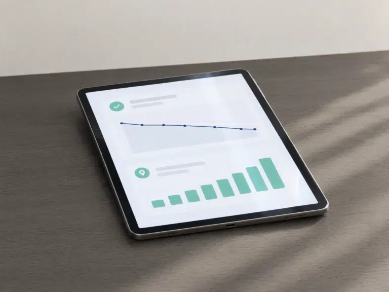Tablet auf einem Eichentisch zeigt eine fallende Kostenkurve und steigende Balken.