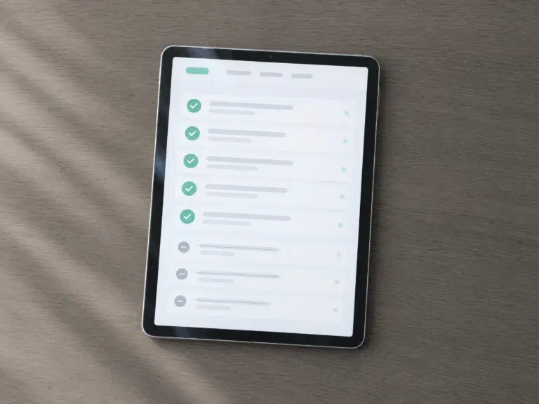 Tablet auf Eichentisch zeigt eine Liste von Suchbegriffen, die unpassenden sind durchgestrichen.