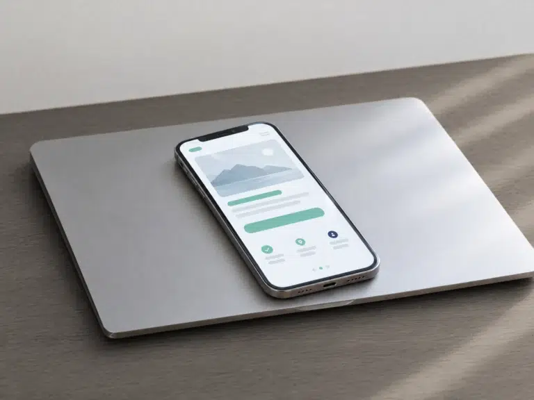 Smartphone mit übersichtlicher mobiler Website liegt auf einem geschlossenen Laptop.
