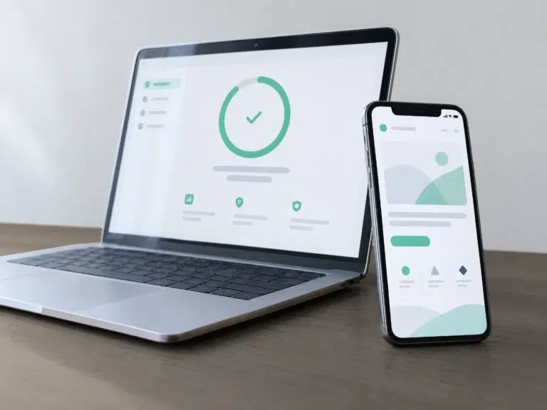 Smartphone mit schnell geladener Website lehnt an einem Laptop, auf dessen Bildschirm ein fast volles Tempo-Messgerät zu sehen ist.