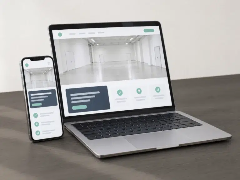 Smartphone und Laptop zeigen dieselbe fertige Firmenwebsite mit Foto einer hellen Werkhalle.