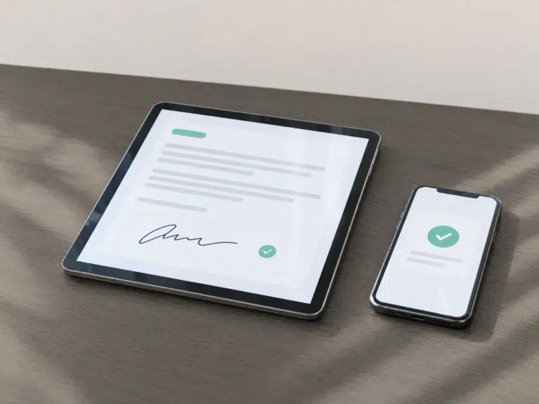 Tablet auf einem Eichentisch zeigt einen digital unterschriebenen Auftrag mit Häkchen.