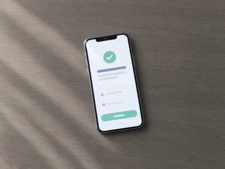 Smartphone liegt auf Holz und zeigt eine kurze Anfrageseite mit nur zwei Feldern und einem großen Button.