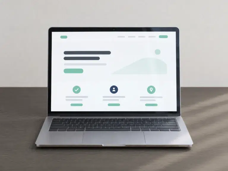 Aufgeklappter Laptop auf Eichentisch zeigt eine klare Website-Startseite mit Überschrift und drei Symbolen.