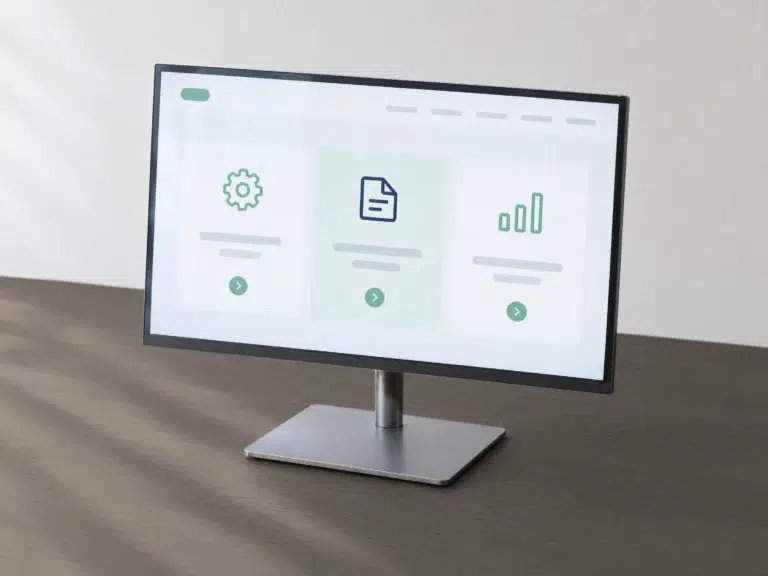 Schlanker Monitor auf einem Tisch zeigt eine Website mit drei Kacheln, die jedem Besucher den passenden Weg weisen.