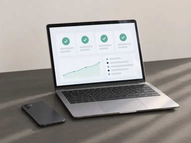 Laptop mit ruhiger Statusseite voller grüner Häkchen, daneben ein Smartphone mit dem Display nach unten.