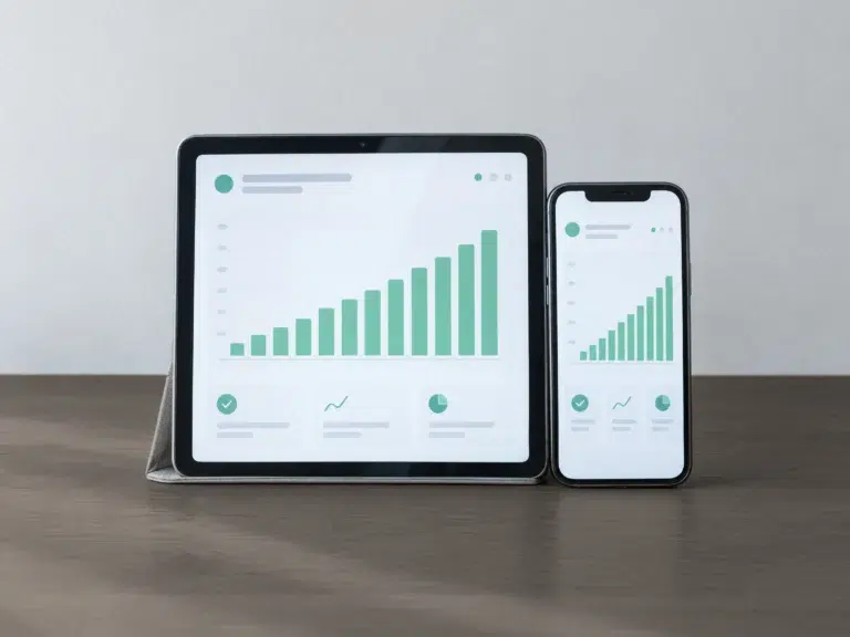 Tablet in Klapphülle zeigt ein Balkendiagramm, das Monat für Monat wächst, daneben lehnt ein Smartphone.