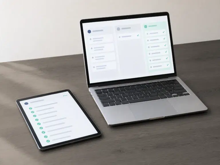 Laptop zeigt ein Aufgabenboard, auf dem fast alle Karten erledigt sind, davor ein Tablet mit abgehakter Liste.