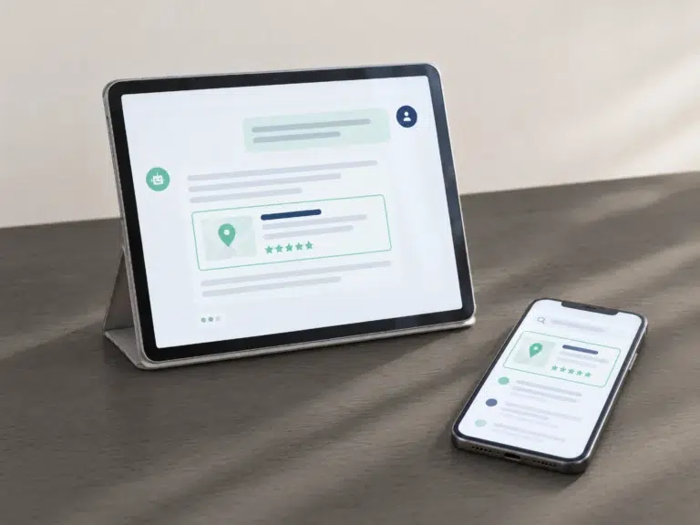 Tablet in Klapphülle zeigt eine KI-Antwort, in der ein Unternehmen mit Karte und Sternen empfohlen wird.