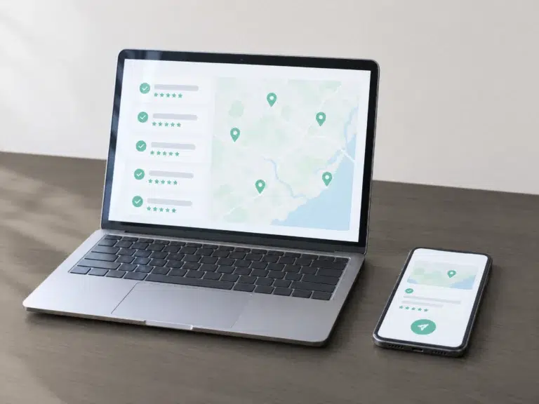 Laptop zeigt eine Karte mit fünf Standorten und einer Liste mit Sternen, daneben ein Smartphone mit einem Standorteintrag.