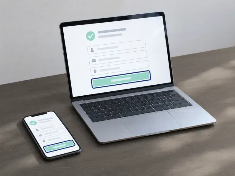 Laptop und Smartphone zeigen eine kontrastreiche, barrierefreie Seite mit großer Schrift und deutlichem Fokusrahmen.