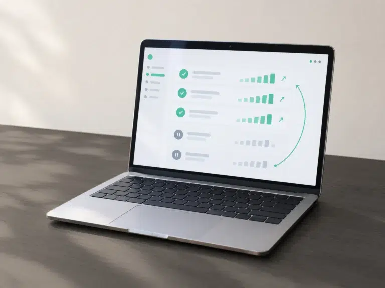 Laptop zeigt eine Kampagnenübersicht, in der Budget von grauen Zeilen zu wachsenden grünen Balken wandert.