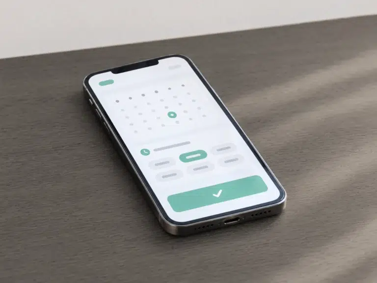 Smartphone liegt auf einem Tisch und zeigt eine Buchungsseite mit Kalender und gewähltem Termin.