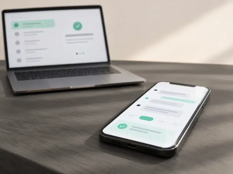 Smartphone zeigt einen Chat, in dem eine Anfrage vorqualifiziert wird, dahinter ein unscharfer Laptop.