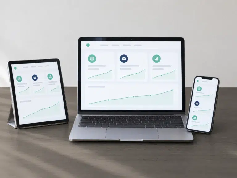 Tablet, Laptop und Smartphone stehen nebeneinander und zeigen dieselbe ruhige Firmenübersicht.