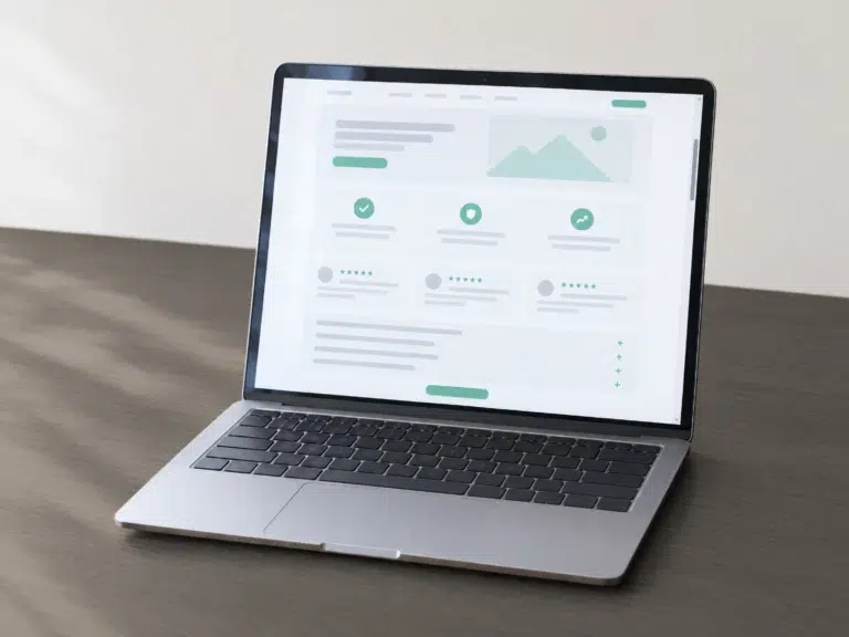 Laptop zeigt eine lange Verkaufsseite mit Vorteilen, Bewertungen und aufklappbaren Fragen.