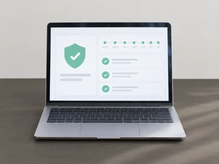 Laptop zeigt eine Sicherheitsübersicht mit großem Schutzschild und täglichen Sicherungen.