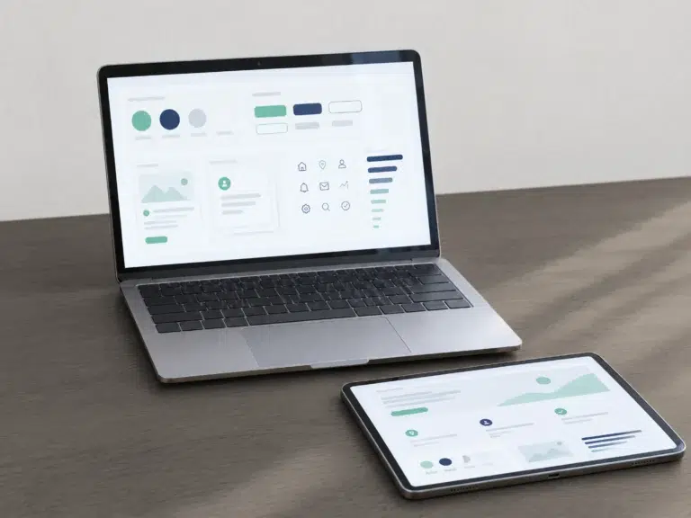 Laptop zeigt ein Designsystem mit Farbfeldern, Buttons und Komponenten, davor liegt ein Tablet.