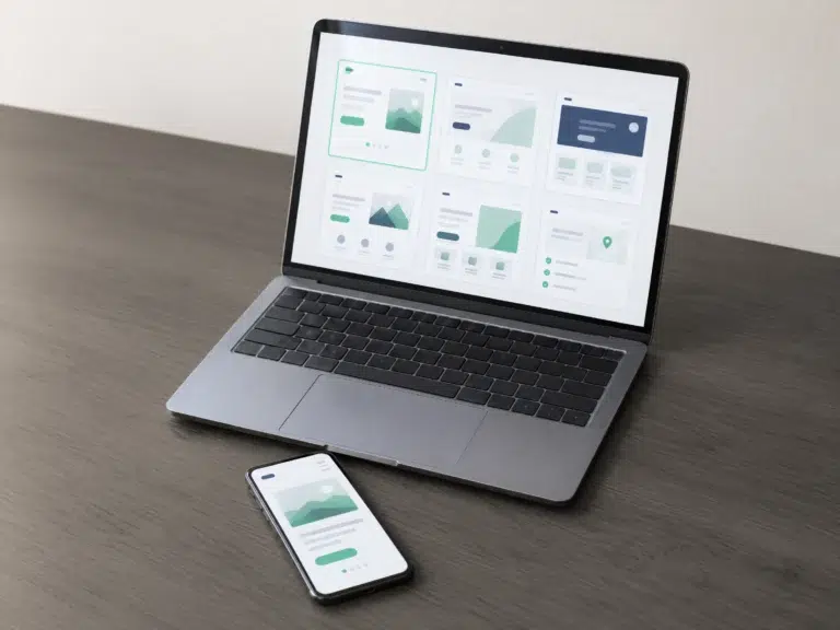 Laptop zeigt sechs Landingpage-Vorschauen, davor liegt ein Smartphone mit der neuen Seite.