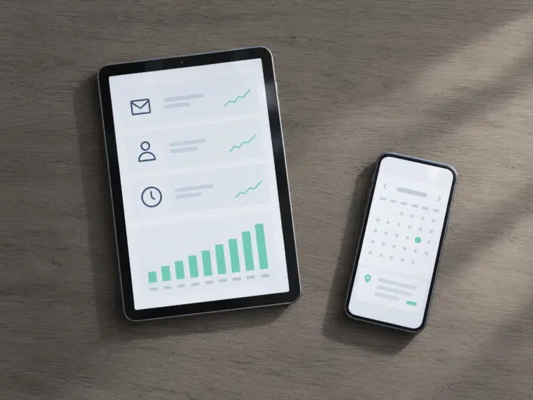 Tablet zeigt einen Monatsbericht mit drei Kennzahlen und Diagramm, daneben liegt ein Smartphone.