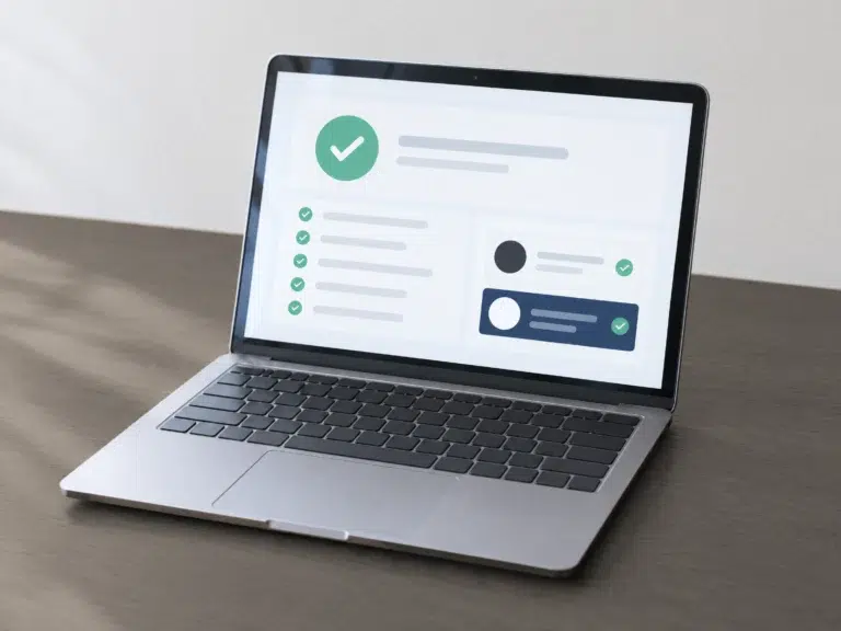 Laptop zeigt das Ergebnis einer Barrierefreiheitsprüfung mit grünen Häkchen und Kontrastfeldern.