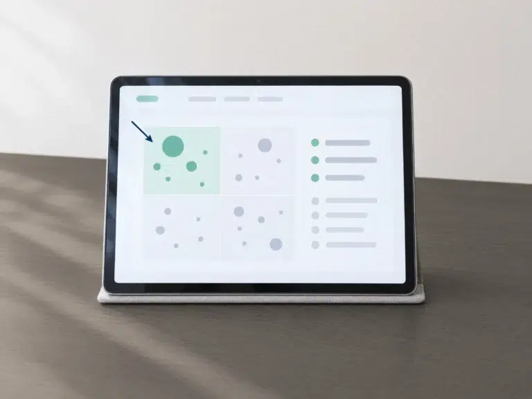 Tablet in Klapphülle zeigt eine Prioritätenmatrix, in der die größten Hebel oben links liegen.