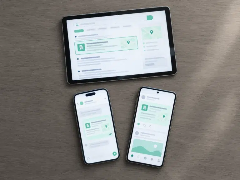Tablet und zwei Smartphones zeigen dieselbe Firma in Suche, Chat und Social-Media-Feed.