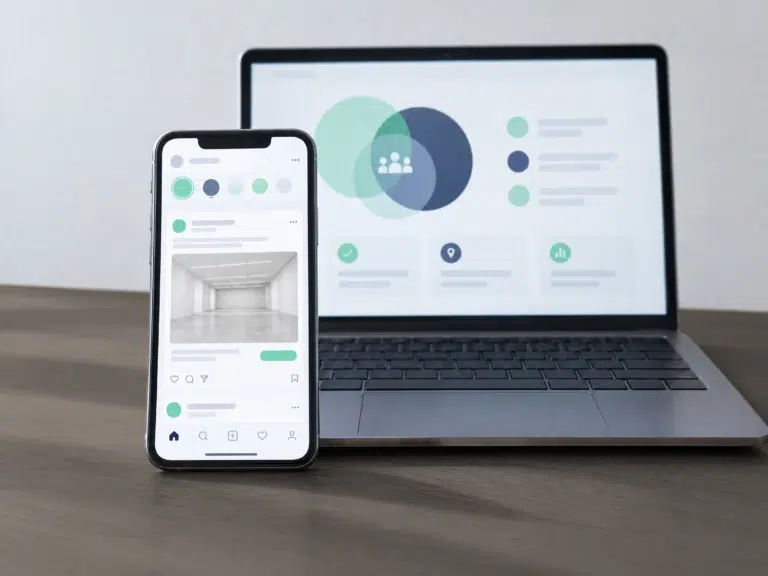 Smartphone zeigt eine Anzeige in einem Social-Media-Feed, dahinter ein unscharfer Laptop.